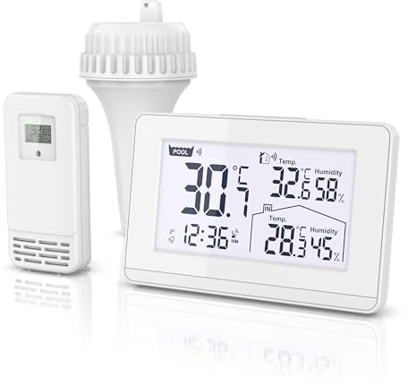 CSL - Funk Poolthermometer digital inkl. Wetterstation - Basisstation und Außensensor – Funkuhr - Wassertemperatur Innentemperatur Außentemperatur Luftfeuchtigkeit - schwimmend – DCF Uhrzeit