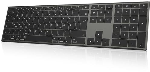 OMOTON Aluminium Bluetooth Mac Tastatur, Kabellose QWERTZ-Tastatur mit 3 Bluetooth Kanälen (Kompatibel mit MacBook Air/Pro/iMac/Mac Pro), Wiederaufladbar, Leises Tippen