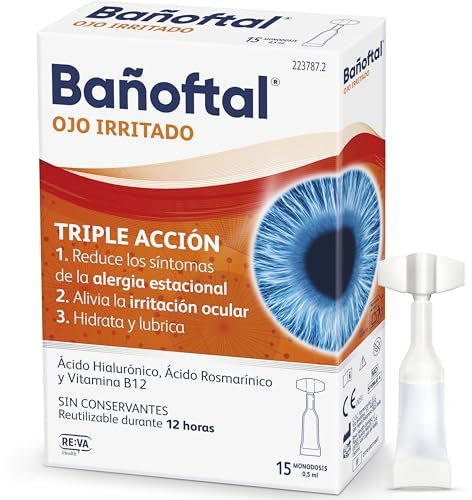 Bañoftal Ojo Irritado Monodosis – Gotas Oculares con Ácido Hialurónico, Ácido Rosmarínico y Vitamina B12 – Hidratación y Lubricación Ocular – Sin Conservantes – 15 Monodosis 0,5 ml