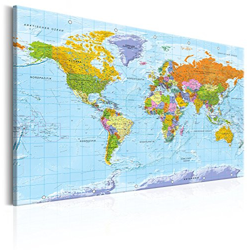 B&D XXL deutsch Weltkarte Pinnwand Kork & Vlies Leinwand Bilder 90x60 cm XXL Zum Pinnen Groß Wandbild Rückwand Set mit 50 Markierfähnchen Wanddeko - Pins Deko Korktafel Lernkarte Landkarte World Map