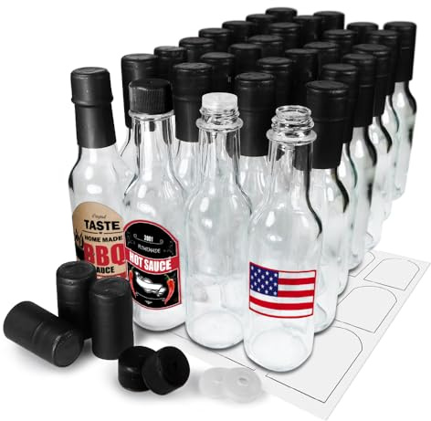 5oz Hot Sauce Bottles, Empty Clear Glass Woozy Bottles with Shrink Capsules, Small Wine Bottle with Shirnk Bands, Canning Bottle Cap Orifice Reducer Self-Printable Labels Free Design Template 30 BLACK