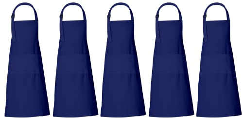 RAJRANG Cotton Chef Apron with 3 Pockets | Unisex Blue Full Length Cooking Aprons for Men & Women | Durable Kitchen, BBQ, Gardening and Work Use | Machine Washable Pack of 5