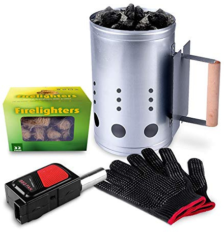 homenote Rapid Charcoal Chimney Starter Set Fireplace Accessories Lighter Cubes BBQ Heat Resistant Gloves Blower BBQ Tools（11.5 x 7 x 7）