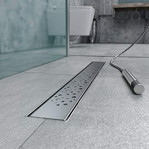 Duschrinne h-g12-1200, Siphon mit Geruchsstop und Haarsieb, Randablauf, Größen 30cm - 120cm, Edelstahl Ablaufrinne, Bodenablauf, Duschablauf sehr flach, Komplettset mit Bodenbefestigung Bubbles 120cm