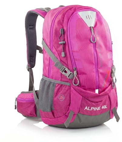 NOWI Trekkingrucksack praktischer moderner Outdoor Rucksack mit Regenhaube Brustgurt gepolsterte Schultergurte Schlaufen für Hiking Pole 40 Liter Volumen (Purple)
