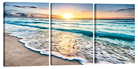 Wieco Art 3 Panels Blue Beach Sunrise White Wave Pictures Painting on Canvas Wall Art Modern Stretched and Framed Seascape Canvas Prints Seaview Landscape Artwork for Home Office Decorations