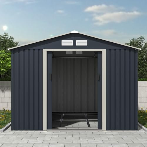 CHARLES BENTLEY Garden Shed, Grey, Zinc Metal, Steel, Shed, Outdoor Storage, Large, Tall, Box, Storage, Tools, Garden Storage, Vents, Lockable Door, Weather Resistant, Rust Proof, Fireproof (8ftx10ft)