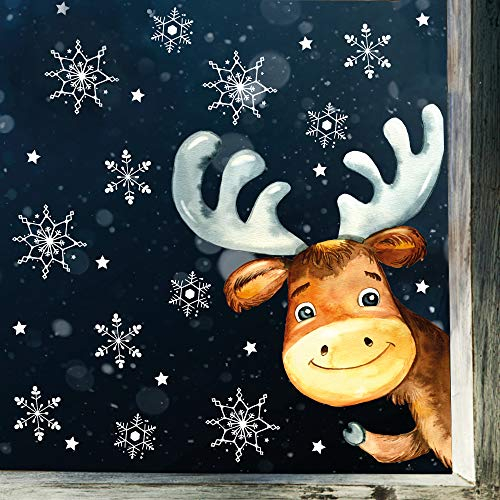 Wandtattoo Loft Fensterbilder Weihnachten mit Elch und Schneeflocken – Wiederverwendbar – A4 Bogen – Weihnachstdeko Fenster Kinderzimmer, Weihnachtsbilder Fenster, Fensterbild Winter