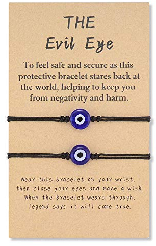 SUNSH 2Pcs Evil Eye Bracelet for Women Teen Girls Boy Couple Kabbalah Adjustable Rope Waterproof Lucky Jewelry with Wish Card Protection Black String Lover Family Mother Daughter Friendship Gifts