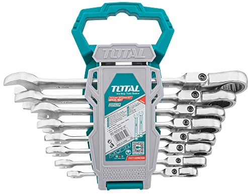 TOTAL - Juego de 8 Llaves Combinadas de Carraca y Articuladas - Múltiples Tamaños - Herramienta para Aflojar Tuercas y Tornillos de Cabeza Hexagonal - Cromo Molibdeno