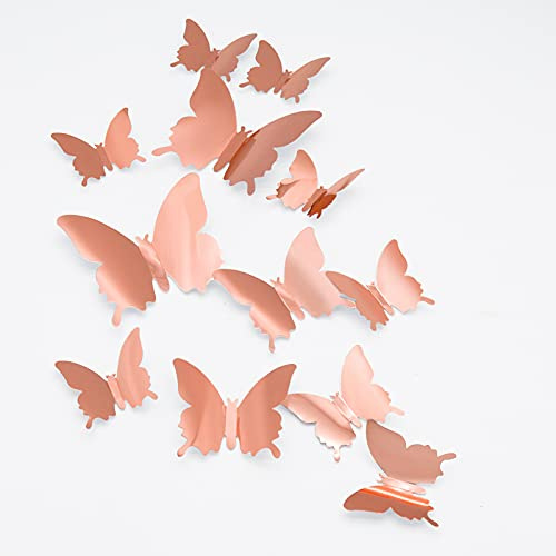 3D Butterfly Wall Stickers, CAYUDEN 24pcs Removable Mirror Butterfly Stickers DIY Butterfly Decor 3 Sizes 3D Butterfly Wall Decal for Room, Door, Window, Wedding, Party Decoration(Rose Gold)