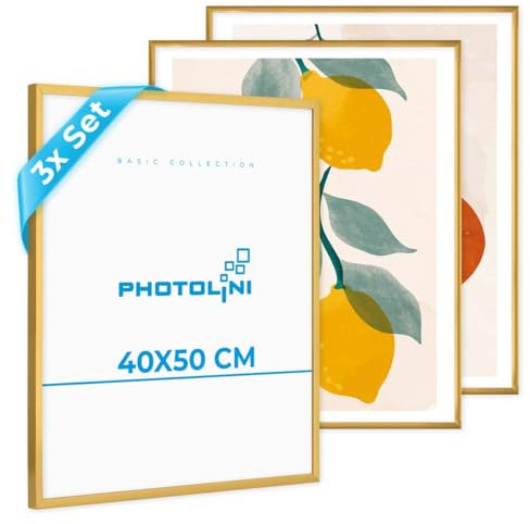 PHOTOLINI Bilderrahmen 40x50 cm Gold, 3er Set Kunststoff-Rahmen schmal, bruchsicheres Acrylglas, zum Aufhängen, extra Zubehör - Dokumentenrahmen für Urkunden, Zertifikate & Fotos