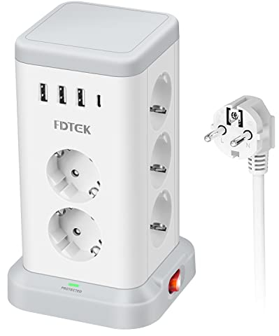 FDTEK Tour Multiprise avec 11 Prises (3680W/16A), 3 USB A & 1 USB C, Prise Tower Parafoudre et Surtension, Multiprise avec Interrupteur et Rallonge Electrique 2M Câble pour Bureau et Maison