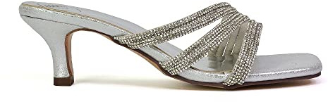 ESSEX GLAM Womens Low Kitten Heel Sandals Ladies Diamante Straps Slip On Sparkly Party Shoes Size 3-8
