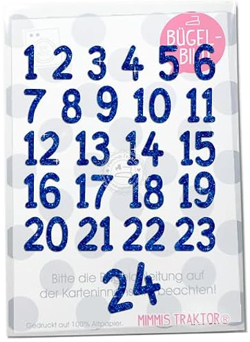GLITZER Bügelbild Adventkalender Zahlen 1-24 Aufbügler Applikationen Bügelsticker für Stoffe Textilien Kinder zum Aufbügeln Flicken, Farbe:Glitzer blau