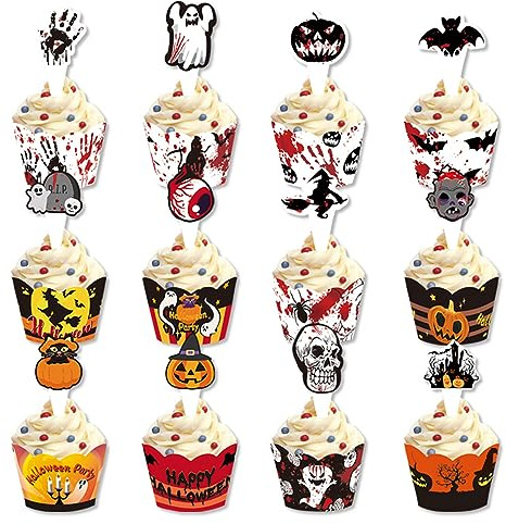 ysister Halloween Papier Cupcake Topper 24 Stück Halloween Cupcake Dekorationen Halloween Muffin Deko Halloween Wrapper Topper Geeignet für Kuchen, Muffins, Desserts, Halloween-Mottopartys