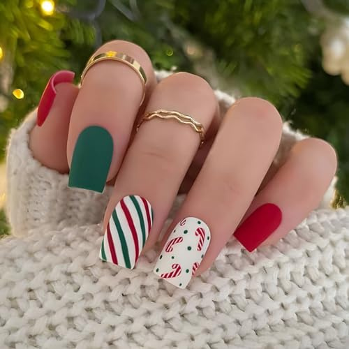 JUSTUSNX 24pcs rouge Noël faux ongles courts faux ongles père Noël, chapeau de Noël, presse sur les ongles pour les femmes et les filles (C)
