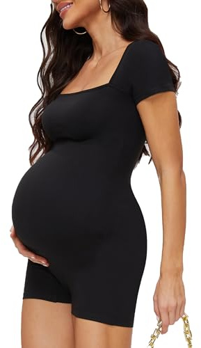 Yeshape Women's Maternity Bodysuit Short Sleeve Romper Pregnancy Shapewear for Photoshoot Work (Black M)