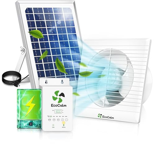 ecoCalm Solar Ventilator Outdoor mit einstellbarem Thermostat & Solar Akku, Wasserdichter Solar Lüfter 150mm mit Solarpanel und Kabel 4,5M, Gewächshaus Zubehör für Gartenhaus, Hühnerstall, Schuppe