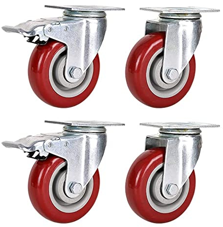 Lenkrollen mit Schwenkplatte, 4 Lenkrollen, 75 mm, 3 Zoll, 400 kg, Schwenkplatte, Industrierollen, geräuschloses Polyurethan mit Bremse (4 Zoll, 2 Bremsen + 2 Schwenkgelenke, FF)