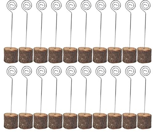 Gavigain 20Pcs Premium Holz Platzkartenhalter, Holz Tischnummer Halter steht mit Swirl Draht Fotohalter für Hochzeit Party Zeichen Label