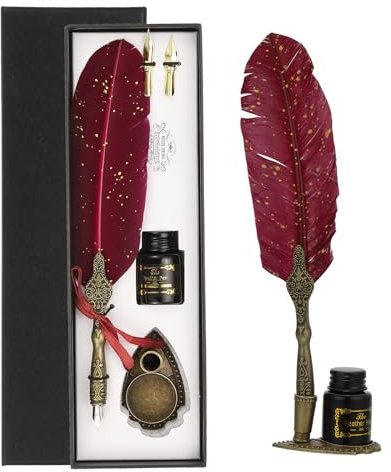 PATIKIL 25cm/10 Geschnitztes Federstift-Set, Vintage Gänsefederstift mit Tintenset 2 Ersatzfedern Ständerbasis für Kalligrafie Schreibfeder Bürogeschenke, Dunkelrot