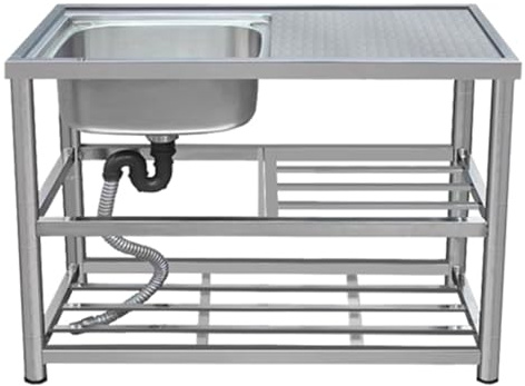 Edelstahl Spültisch Gastro Outdoor Mobiles Waschbecken Spüle Garten Küche Spülbecken Kitchen Sink Arbeitstisch Freistehend Küchenspüle 1 Becken Ausgussbecken mit Abflussrohr für Garage Camping(120*45*