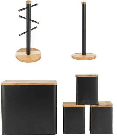 Salter Toronto 6-Piece Kitchen Countertop Set – Tea, Sugar, Coffee Canisters, Bread Bin, Freestanding Kitchen Roll Holder & Display Mug Tree, Steel Storing Rack, Acacia Wood, Black Finish, COMBO-9304