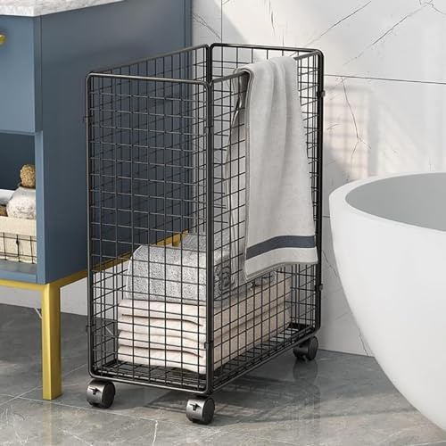 TAUIANE WäSchekorb Aus Metall Mit Rollen, Zusammenklappbarer WäSchekorb Aus Metall, Mit RäDern, Aufbewahrungsgestell FüR SchmutzwäSche, FüR Schrank/Badezimmer/Wohnzimmer,Schwarz,Style A