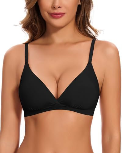 WOWENY Triangle BH Damen ohne Bügel Sexy Bralette Gepolstert Seamless Tshirt BHS Bügelloser Soft Bustier V-Ausschnitt mit BH-Verlängerung(Schwarz, M)