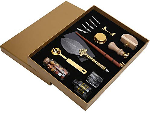 Jeanoko Vintage-Luxus-Federstift-Wachs-Set, Quill-Tintenstempel-Set in Geschenkbox mit Metallhalter, Kristallglasbecher für Kalligraphie, Skizzieren, Zeichnen, Schreiben (SP225064