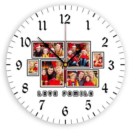 Orologio da parete personalizzato con foto, rotondo, quadrato, silenzioso, con immagine e logo, per soggiorno, cucina, bagno, funzionamento a batteria, PVC, (25-30 cm) (6 foto rotonde)