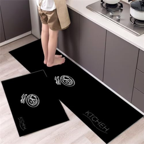küchenteppich Rutschfeste 2 Stück Schwarzer Kaffee Küchenläufer Teppich Waschbar Saugfähige Geschenk Ölbeständig Weich Anti-Müdigkeit Küchenmatten für Küche Waschküche Esszimmer 60x90cm+60x180cm