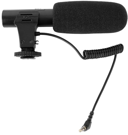 Mikikit Interviewmikrofon für DSLR Kamera mit Kardioid, Schwarz, Kunststoff | Mono Kanal, Stoßfeste Bauweise, 10 Stück Empfindlichkeitsboost und 200hz-absenkung, 1, 5v-aa Batterien Nötig