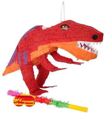 Fax Potato T Rex Pinata, Rainbow Buster Stick and Blindfold Set (W59 x D22 x H30cm) Fill Your Own Kids Large Party Supplies Themed Birthday Fun Decoration Pinata for Kids Parties & Games