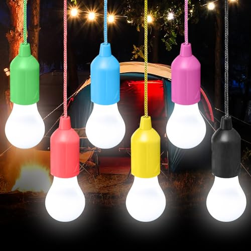 6 Stück LED Campinglampe, Pull Light Lampe mit Zugschalter Batteriebetrieben, Tragbare Zeltlampe Glühbirne, Lamping LED Leuchte für Wandern Camping Garten Zelt Party Dekoration BBQ(Ohne Batterie)