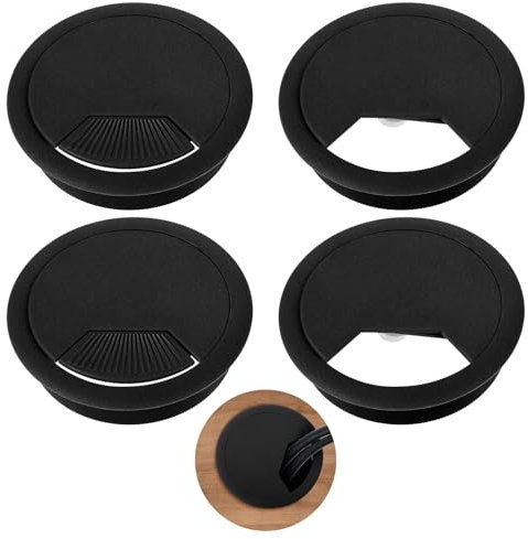 JIEYAO Lot de 4 passe-câbles pour bureau - 60 mm - En plastique - Rond - Pour table et bureau - Noir