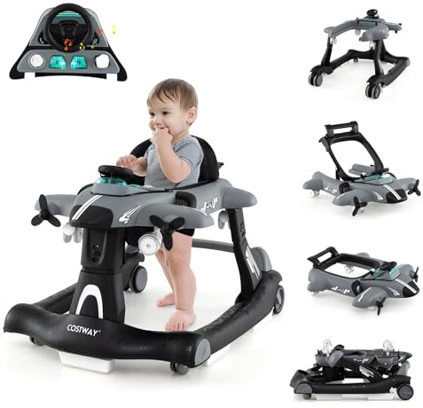 COSTWAY 6 i 1 gåstol, hopfällbar gåvagn med justerbar höjd och hastighet, baby walker, flygplansmotiv med avtagbar musiklåda och matbricka, promenadfri baby från 6 månader (grå)
