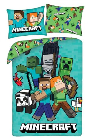 Ropa de cama infantil reversible con certificado Öko-Tex de 140 x 200 cm y funda de almohada de 70 x 90 cm Minecraft con Alex y Steve