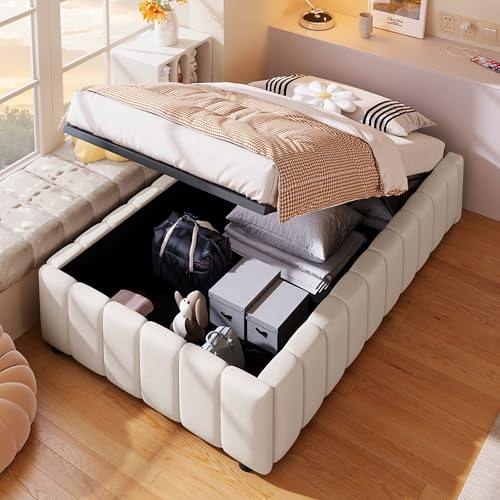 Merax Polsterbett 90x200 mit Stauraum, Modernes Einzelbett im Minimalistischen Design - Ohne Kopfteil, Bettgestell mit Lattenrost - Hydraulisch Stauraumbett, Beige, Ohne Matratze