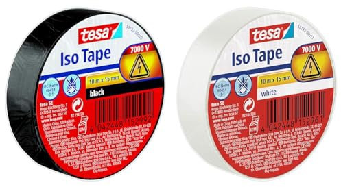 tesa Cinta aislante - Cinta aislante autoadhesiva, resistente al calor - Para aislar, reparar y agrupar - 2 x 10m - 1x negro - 1x blanco