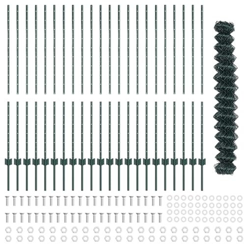 vidaXL Chain Link Fence with 22 U Posts - Green, Steel, 1.4x25 m, Outdoor Fencing, Garden/Yard Use, UV Resistant, Durable & Easy Assembly Fence Set