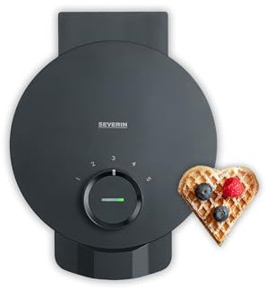 SEVERIN WA 2117 - Piastra per waffle Black Line, a forma di cuore, con spia di controllo, pratico avvolgicavo, 1000 Watt, nero/acciaio inossidabile, WA 2117