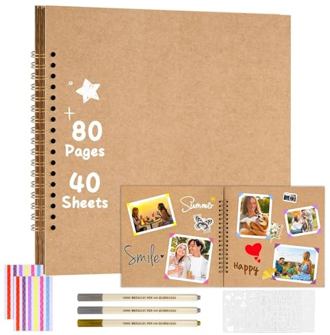 PlsMupn Album Fotografico, 20 x 20 cm 80 Pagine Album Fotografico Personalizzabile Scrapbook, Album Foto Copertina Rigida in Carta Kraft Marrone Adatto per Neonati, Compleanni, Matrimoni