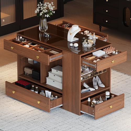 Merax Wood Closet Island with 6 Drawers 47.3 Wardrobe Armoire Bedroom Island with Glass Top and Open Shelves, Jewelry Storage Vanity Island with Compartments Cloakroom Walk-in Closet Island (Walnut)
