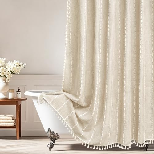 Seenus Boho Farmhouse Linen Shower Curtain with Tassels, Heavyweight Soft Fabric Shower Curtain Beige Water Repellent, 72 x 72 Inch Cream Elegant Bathroom Decor Shower Curtains Cotton Striped