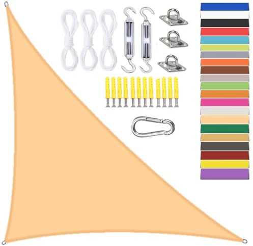 Toldo impermeable con 95% de protección UV, toldo triangular con cuerdas de sujeción, refugio solar duradero para balcón y jardín, color beige, 5 x 5 x 7,1 m