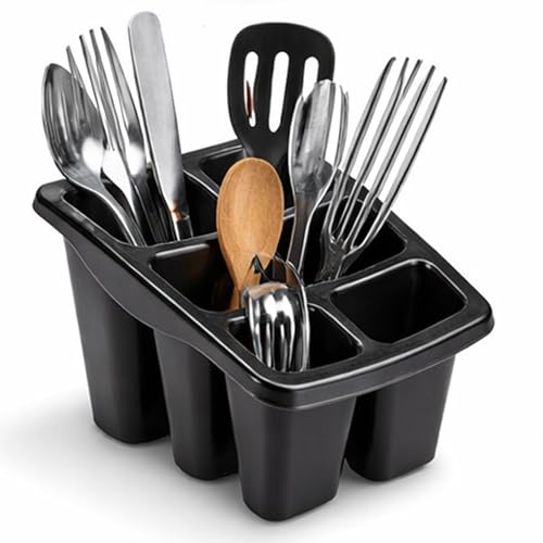 Ploutos World Wide Premium Cutlery & Utensil Drainer – Heavy-Duty Plastic Sink Caddy with Drain Holes, Multi-Section Countertop Tidy Holder for Kitchen Tools & Cutlery Storage (Black)