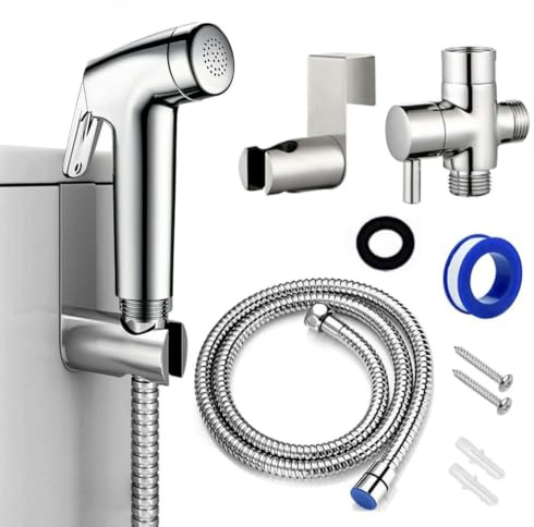 Handheld Bidet Sprayer Kit,Stainless Steel Muslim Shower Shattaf Bum Gun | Leak-Proof Brass T-Adapter,1.5m Braided Hose, Bidet Attachment for Toilet UK,Wall Bracket Included for Pet Feminine Hygiene