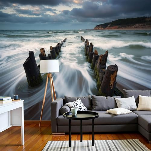 Carta Da Parati Fotografica Natura Costa 3D Effetto Le Onde Lambivano I Pali Legno Design Carta Tessuto Non Tessuto TNT Blu XXL Fotomurale per Soggiorno Camera Letto Studio Decorazione, 400×280cm